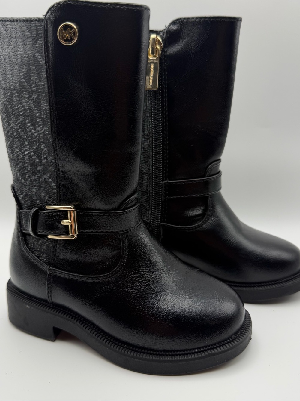 Michael Kors Kids Black Moto Boots Buckle Logo Zip Girls Size 6 NWOB Preppy Boot
